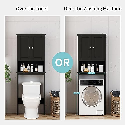 Shintenchi Over the Toilet Storage Cabinet, Bathroom Shelf Organizer with Anti-Tip Device Small Freestanding Space Saver with Adjustable Shelf，Black - color: Black, size: Wood Door