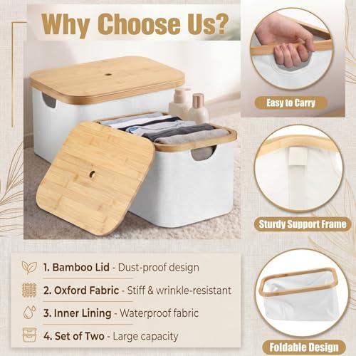 Novabright 2 Pcs Collapsible Storage Basket with Bamboo Lids 15" x 10" Foldable Fabric Storage Bins with Handles for Organizing Shelves Closet Laundry Room Bathroom Clothes Towel(White) - color: White