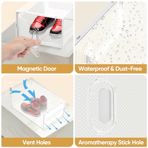 BALEINE 3 Pack Stackable Shoe Storage Boxes Fit Size 9, Thickened Clear Shoe Box Bins with Lids, Plastic Foldable Shoe Rack Organizer Sneaker Storage Containers (Large, White) - color: White, size: Large Fits Size 9-3PK
