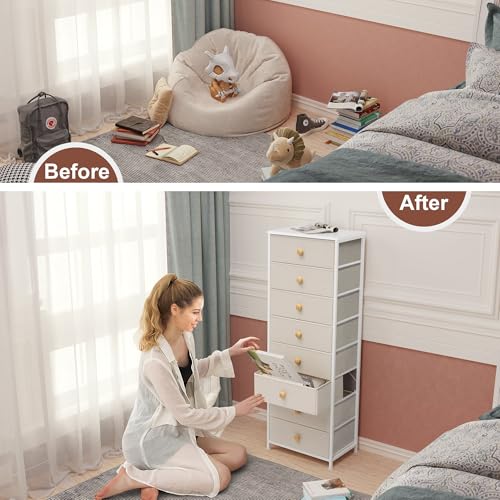Crestlive Products Tall Dresser, 8-Drawer Fabirc Storage Tower, Chests of Drawers - Vertical Organizer Unit for Bedroom, Hallway, Entryway, Nursery, Closets - Steel Frame, Wood Top & Handles (Beige) - color: Beige, style: Narrow-8 Drawers