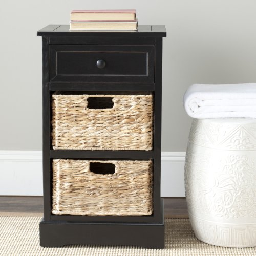 SAFAVIEH Home Collection Carrie Distressed Black/ Natural Wicker 3-Drawer Storage Nightstand Side Table (Fully Assembled) - color: Distressed Black