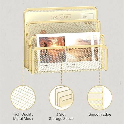 SUPEASY Mail Organizer for Desk, Mesh Metal Mail Holder Countertop with 3-Slot, Letter Sorter File Holder, Office Envelope Organizer for Mails (Gold) - color: Gold