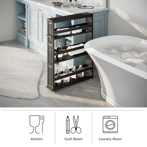 Lavish Home 3-Tier Slim Rolling Storage Cart - 25” x 5.7” Narrow Rolling Cart with Handle and Wheels for Bathroom, Laundry Room, and Kitchen Organization - Pull-Out Home Organizers (Black) - color: Black, size: 25”W x 5.7”D