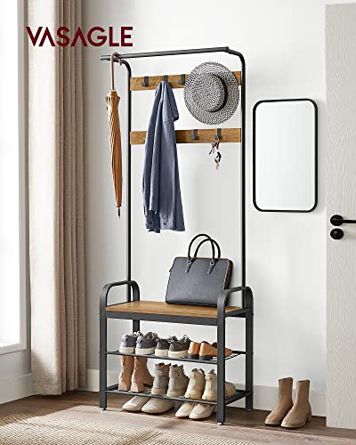 VASAGLE Coat Rack, Hall Tree with Shoe Bench for Entryway, Entryway Bench with Coat Rack, 4-in-1, with 9 Removable Hooks, a Hanging Rod, 13.3 x 28.3 x 72.1 Inches, Rustic Walnut and Black UHSR040B41 - color: Rustic Walnut + Black, size: 28.3"W