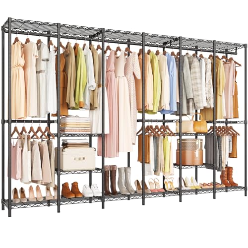ONBRILL F6 Free Standing Industrial Pipe Clothes Rack, Large Heavy Duty Metal Garment Rack, Closet Organizer Storage System with Adjustable Shelves & Hanging Rods, Portable Wardrobe - Black - color: Black