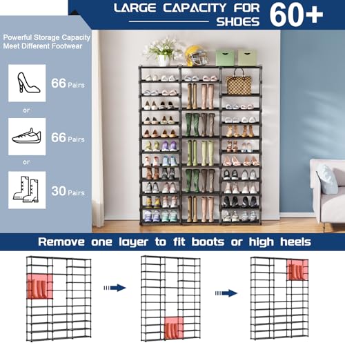 Mavivegue 3 Row 12 Tiers Shoe Rack, Large Storage Space, Metal Shoe Rack Organizer for Entryway, Closet, Bedroom, Garage,Black - color: Black, size: 3 Row 12 Tier