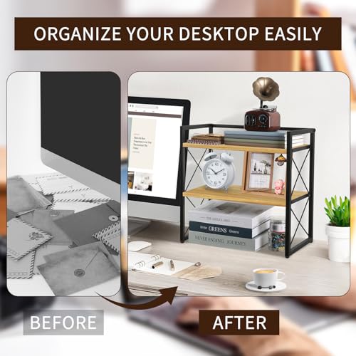 YINMIT Desktop Shelf Organizer, 2 Tier Office Shelves, Wood Desk Organizer Storage Rack and Freestanding Display Shelf for Office, Dormitory, Home (Black Wood) - color: Black+wood