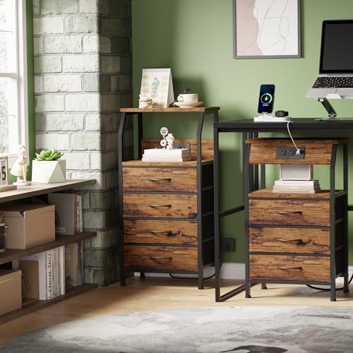 Furnulem Night Stand with Charging Station, Small Dresser with 4 Fabric Drawers, 33.3 Inch Tall Bedside Table, Storage Tower for Closet, Entryway, Bedroom Furniture, 3 Ways to Use, Rustic Brown - color: Rustic Brown, size: 4 Drawer