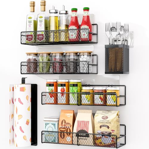 DTUQYX Spice Rack Wall Mounted 6 Pack: 100% Metal & Strong Adhesive Spice Organization for Kitchen Cabinet/Pantry Door, No Drill Hanging Seasoning Organizer with Paper Towel Holder, Utensil Caddy - style: No Drill Wall Mount Version
