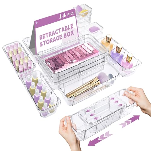 14 Pcs Clear Drawer Organizer, Adjustable Drawer Storage Box, 3-Size Desk Drawer Organizer, Acrylic Storage Bins for Makeup, Cosmetic, Kitchen Utensils, Bedroom Dressers Tool Organizer for Gadgets - color: Clear, size: 14PCS