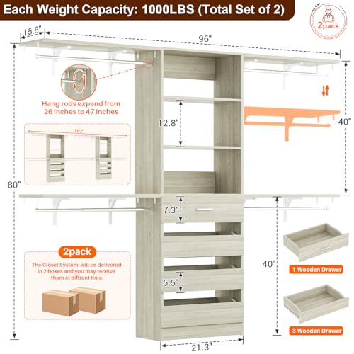 Aheaplus Closet System with Drawers Set of 2, Wood Closet Organizer System with 8 Hanging Rods & Top Shelves, Walk-in Closets Organizer Wardrobe Clothes Rack, Cut Fits Spaces 4-9FT. Wide, White Oak1 - color: White Oak