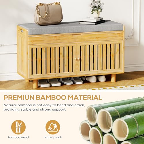 Shoe Storage Bench Coat Rack Set, 35.4" Bamboo Shoes Bench with Lift Top Hidden Storage & Wall Hooks, Hall Tree Entryway Bench with Seat Cushion, 2-Tier Shoe Cabinet for Entryway, Living Room, Bedroom - color: Natural With Hooks