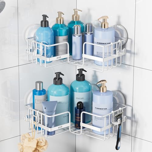 TAILI Corner-adaptive Suction Cup Shower Caddy 2 Pack, Stainless Steel Rustproof Corner Shower Shelves, Drill-Free Wall Mounted Baskets, Large Capacity Removable Suction Cup Bathroom Organizer, White - style: Corner-adaptive, White