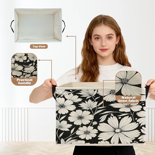 Black and White Floral Storage Box Bins, Vintage Botanical Daisy Flower Collapsible Storage Basket Organizer for Bedroom Laundry Room Home Clothes Toys Books, Toybox for Girls - color: Floral L