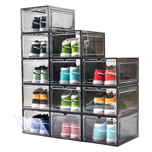 Large Shoe Boxes Clear Plastic Stackable，Drop Front Shoe Box with Clear Door, Shoe Containers For Sneaker Display,Fit up to US Size12 - color: black clear, size: 12 pack