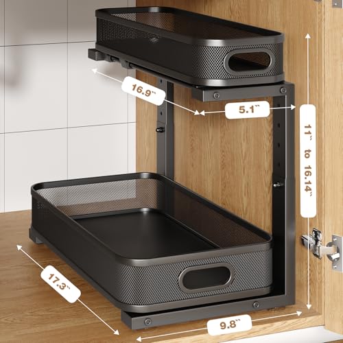 2 Pack 17.3IN-Depth Under Sink Organizer with Smooth Cylindrical Rail,2-Tier Pull Out Multi-Purpose Cabinet Storage for Bathroom&Kitchen,Height Adjustable,Rust-Resistant Coating-Black - color: Black, size: 2 Pack-17.3"Dx11"-16.14"H
