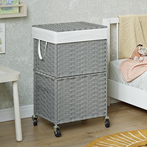 Chrislley 90L Slim Laundry Hamper with Wheels, Rolling Laundry Basket with Lid and Renovable Liner Bag, Handwoven Rattan Organizer for bedroom, bathroom, laundry room (Grey) - color: Grey