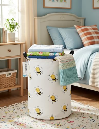 Cute Bee Laundry Basket, Collapsible Laundry Hamper for Girls, Sweet Honey Bee Round Storage Bin, Waterproof Toy Storage for Kids Room, Nursery, Playroom, New Parent Gift (Bee) - color: Round Bee