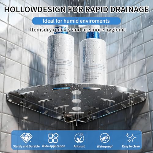 2 Pack Corner Shower Shelves, 304 Stainless Steel Corner Shelf Bathroom with 6 Hooks 40 lbs Heavy Duty, Durable for Inside Shower Brushed Nickel Drilling Installation (Silver) - color: Silver Thickness 2mm 2pcs