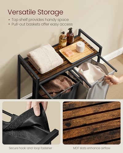 VASAGLE Laundry Hamper, Laundry Basket, Laundry Sorter with 2 Pull-Out and Removable Bags, Shelf, Metal Frame, 2 x 12.1 Gallons (46 L), 28.8 x 13 x 28.4 Inches, Bicolor and Rustic Brown UBLH201X01 - color: Bicolor + Rustic Brown, size: 2 Bags - 92 L