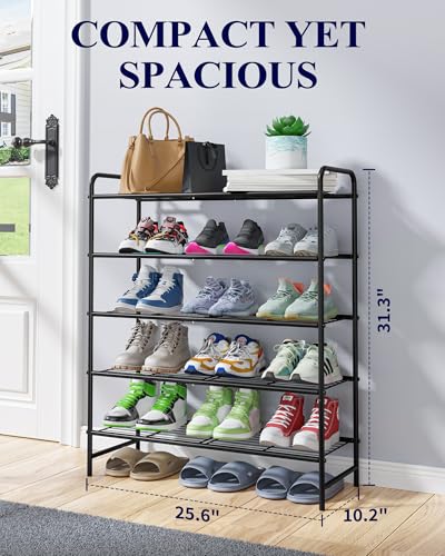 Kitsure Shoe Rack - Stainless Steel Shoe Organizer, Sturdy Shoe Rack for Closet and Front Door Entrance, Free Standing Shoe Shelf, Closet Organizers and Storage, 25.6" Wide - 5 Tier, Black - color: Black, size: 25.6" Wide - 5 Tier