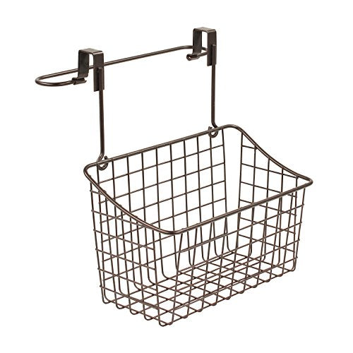 Spectrum Grid Medium Over Cabinet Hanging Basket & Towel Bar for Inside The Kitchen Bath Storage, Easy Install Cabinet Door Wire Metal Basket Hanger with Towel Holder for Kitchen Bathroom, Bronze