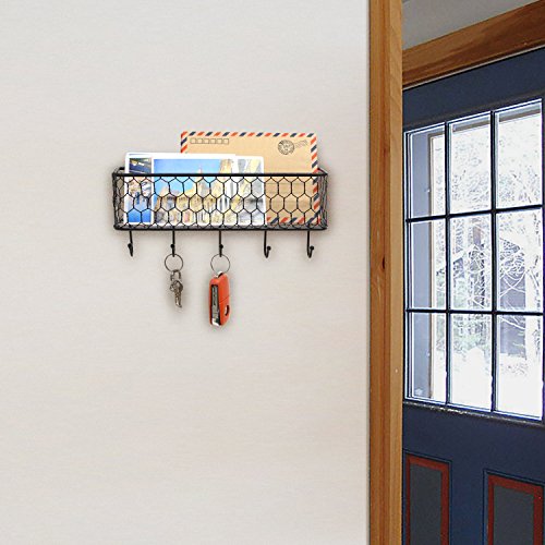 MyGift Wall Mounted Metal Entryway Mail Holder and Key Organizer Rack with 5 Hooks, Decorative Storage Basket and Hanger Hooks for Keys, Lanyard, Keychain, Light Coat