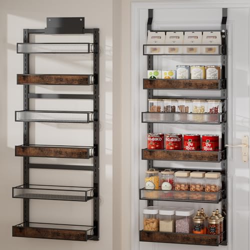 6 Tier Over the Door Pantry Organizer 2 IN 1 Hanging or Wall Mounted Spice Rack with Adjustable Basket,Heavy Duty Seasonning Storage Shelf for Kitchen Pantry and Bathroom,Black - color: Black, size: 6 Tiers