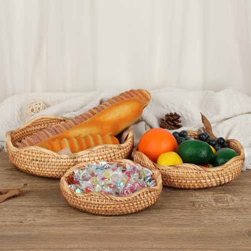 Hipiwe Natural Rattan Tray Wicker Storage Bowls Hand Woven Basket Tray for Bread Fruit Key Round Fruit Baskets for Kitchen Entryway Tabletop Decorative Baskets Bowl,10 Inches - color: Natural Color, size: Medium,10"