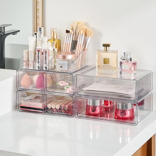 Vtopmart 5 Tier Clear Makeup Organizer with Drawer, Cosmetic Storage for Dresser Countertop and Bathroom Vanity, Beauty Holder for Lipstick Brush Skincare - style: 5 Tier (2 Sizes Drawer)