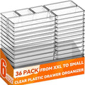 Criusia 36 Pack Large Clear Plastic Drawer Organizer Bins - 6 Size Acrylic Kitchen Drawer Organization and Storage for Utensils Gadgets, Office Bathroom and Vanity Organizer for Makeup Accessoires - size: 36 Pack