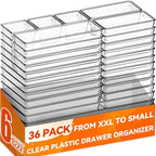 Criusia 36 Pack Large Clear Plastic Drawer Organizer Bins - 6 Size Acrylic Kitchen Drawer Organization and Storage for Utensils Gadgets, Office Bathroom and Vanity Organizer for Makeup Accessoires - size: 36 Pack