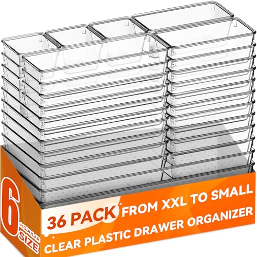 Criusia 36 Pack Large Clear Plastic Drawer Organizer Bins - 6 Size Acrylic Kitchen Drawer Organization and Storage for Utensils Gadgets, Office Bathroom and Vanity Organizer for Makeup Accessoires - size: 36 Pack