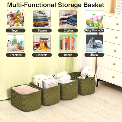 ICERZCZ Storage Basket for Shelves, Small Baskets for Organizing, Woven Cotton Rope Baskets for Storage, Book Basket, Decorative Shelf Basket, 12.5"Lx9.1''Wx7.9''H (4 Packs) Green - color: Green, size: 12.5"(l)×9.1"(w)×7.9"(h)
