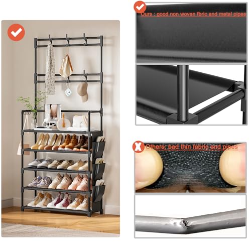 OYREL Shoe Rack 5 Tier Shoe Organizer Storage 15-20 Pairs Shoes Rack for Closet Entrance Shoe Rack Organizer with Hooks and Side Pocket Entryway Shoe Holder Space Saving Free Standing Shoe Racks - color: Black, size: 5 Tier (23.6"Wx 61.4"H)