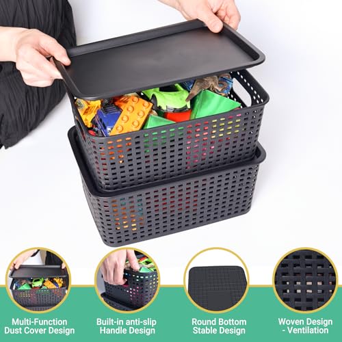 Plastic Storage Baskets with Lid-Plastic Storage Containers Stackable Storage bins: Storage Baskets for Organizing Shelves Drawers Desktop Closet Playroom Classroom Office, 8Pack-Black10.2x7.2x4.1Inch - color: Black