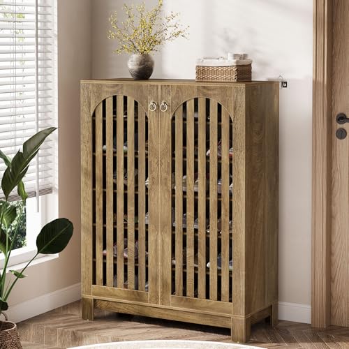 Tribesigns Shoe Cabinet with Shutter Doors, 6-Tier Shoe Storage Cabinet, Entryway Shoe Rack Organizer with Adjustable Shelves for Living Room, Hallway, Natural Wood - color: Wood Color