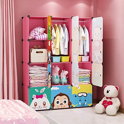 MAGINELS Children Wardrobe Kid Dresser Cute Baby Portable Closet Bedroom Armoire Clothes Hanging Storage Rack Cube Organizer,(Pink, 8 Cube & 2 Rod) - color: Pink, size: 12 Cube