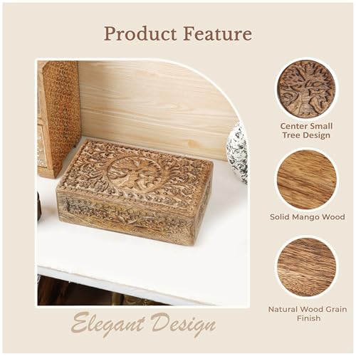 Ajuny Wooden Jewelry Box Tree of Life Carvings Travel Trinket Holder Storage Case Handmade Treasure Box Keepsake 8x5 Inch Multipurpose Organizer Unique Gifts for Men & Women - style: Center Small Tree