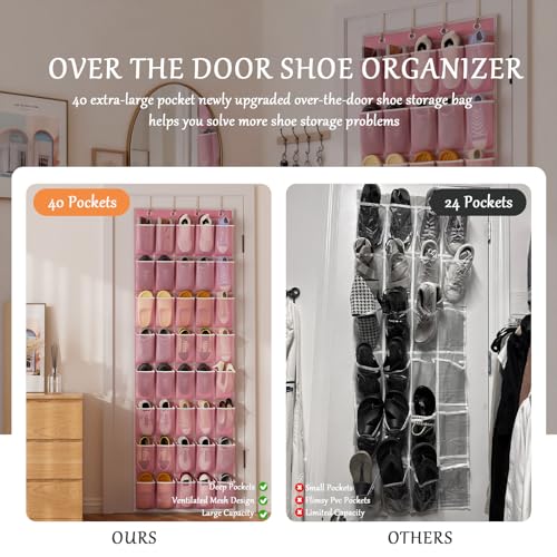 homyfort Over the Door Shoe Organizer, 40 Large Breathable Mesh Pocket,Space Saving Hanging Shoe Rack,Shoe Storage Holder for Entryway Bedroom Closet - color: Oxford-like Pink, size: 1 Pack 40 Pockets