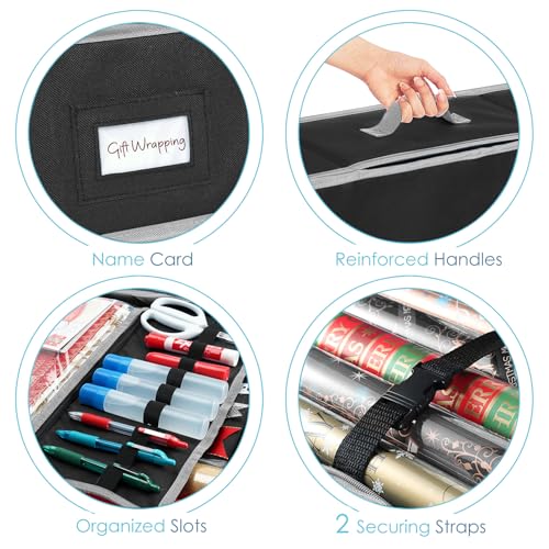 Hearth & Harbor Wrapping Paper Storage Container with Ribbon Storage Organizer - Christmas Storage Bag with Extra Interior Pockets - Gift Wrapping Organizer Storage Fits Up to 26 Rolls of 40" Length - color: Black, size: Large