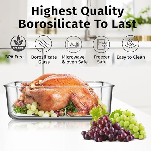 4800 ML / 163 oz / 21 Cup LARGE Glass Food Storage Container with Airtight Locking Lid. Ideal Storing food, Vegetables, Fruits. Baking Casserole, Lasagna, Roasting Turkey, Chicken BPA Free Oven Safe - size: 4800 ml
