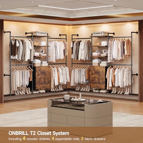 ONBRILL T2 Wall Mounted Industrial Pipe Clothing Rack, Closet Organizers and Storage System with 2 Drawers, 6 Wooden Shelves & 4 Expandable Rods, Heavy Duty Garment Rack, Wardrobe (Rustic Brown) - color: Rustic Brown