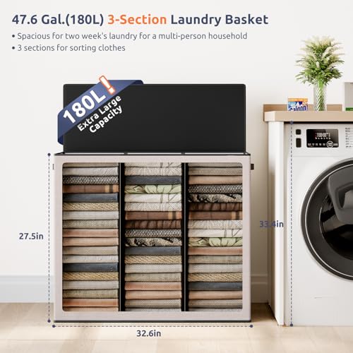 SOLEDI 180L 3-Section Laundry Hamper with Lid, Extra Large Dirty Clothes Basket with Sturdy Handles for Laundry Room & Bedroom - Durable Organizer for Sorting Laundry - color: Beige, size: 180L