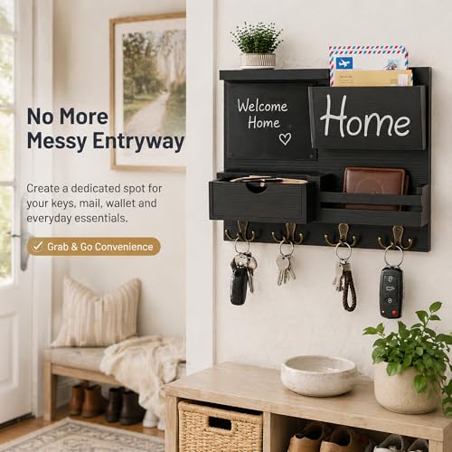 Dvobez Black Farmhouse Key Holder for Wall with Mail Organizer, 6-in-1 Entryway Organizer with Chalkboard, Drawer, Phone Wallet Holder, Top Shelf and 4 Double Hooks - color: Black