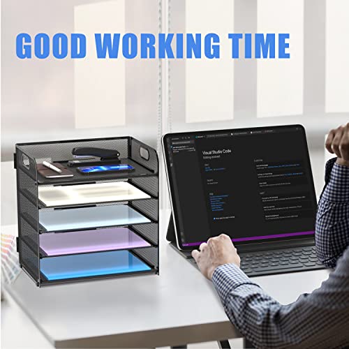 Supeasy 5 Trays Paper Organizer Letter Tray with Handle-Mesh Desk File Holders, Paper Sorter Desk Organizer for Office, Home, Classroom or School - color: Black