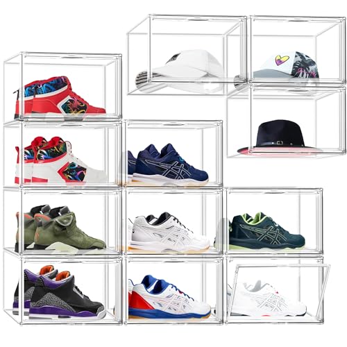 12 Pack Drop-Front Clear Shoe Box Acrylic Storage Box Shoe Organizer Size 13, Stackable Shoe Tower with Magnetic Door Large Storage Bins for Sneaker Containers Display & Closet Organization - color: Clear, size: Large Size 14