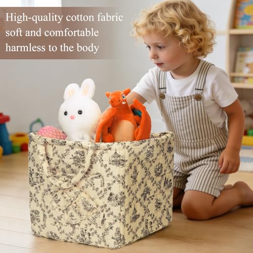 Quilted Fabric Basket Foldable Car Storage Boho Floral Laundry Basket Hamper for Nursery Bedroom & Living Room | Organize Clothes Toys - color: Beige French Manor