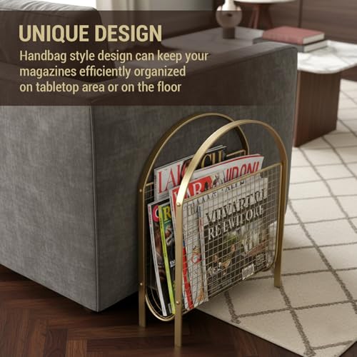 MyGift Magazine Rack, Floor Freestanding Magazine Holder for Bathroom Bedroom Office, Books Newspapers File Mail Organizer, Mid Century Modern Decor Wire Storage for Tablets and Documents - color: Brass