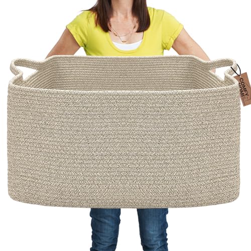 COMFY-HOMI Large Rectangular Blanket Basket, Woven Cotton Rope Baskets for Storage, Laundry Hamper Basket, Storage Bin,Toy Organizing Bin with Handle, Organization and Storage-22x15x12”-Brown - color: All Brown, size: 22''x15''x12''